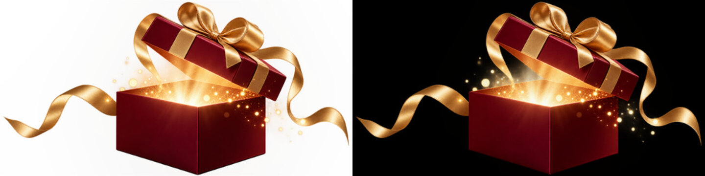Open red Christmas gift box with golden rays on transparent background. Festive holiday present package with magical starlight beam. Generous celebration surprise creates greeting decor.