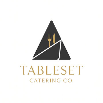 Elegant minimalist triangle logo for catering company featuring fork knife and napkin on white background