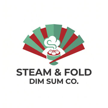 Dim sum restaurant logo featuring steaming dumplings inside a traditional folding hand fan vector graphic design