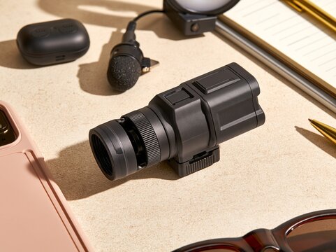 Close up of camera lens and vlogging equipment with lavalier microphone on warm textured desk