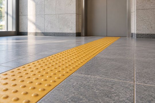 Yellow raised tactile paving across a fictional transit concourse floor