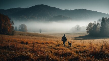 Obraz premium Man walks with hunting dog through foggy autumn field. Hunter carries shotgun in rural countryside landscape. Morning mist covers mountains, forest trees. Outdoor adventure, wildlife conservation,