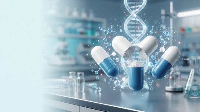 Blue and white pharmaceutical capsules with DNA and molecular structures