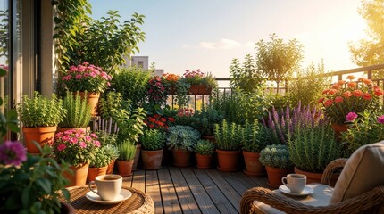 Fototapeta premium Rich balcony garden with many green plants, colorful flowers, succulents in terracotta pots. Sunny morning view on wooden terrace with coffee cups on table. Urban jungle setup for relaxation, home