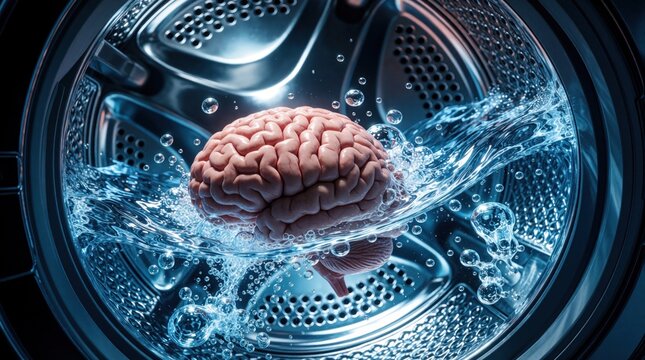 Surreal illustration of human brain inside washing machine with splashing water. Concept of brainwashing, mental manipulation, psychological control. Abstract metaphor for cleaning mind losing