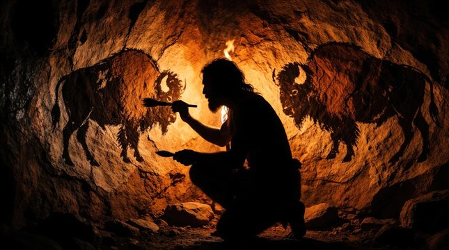 Silhouette of prehistoric caveman painting bison on stone wall using primitive tools. Ancient human creates cave art by torch light in dark cavern. Early man wild animals through rock drawings to