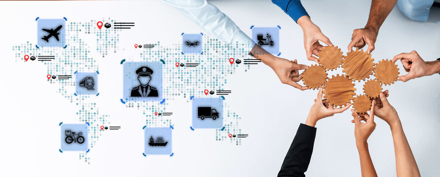 A unique visual representation of collaboration in logistics and transportation, showcasing hands over a global map with strategic icons highlighting various modes of transport and services. Nascent