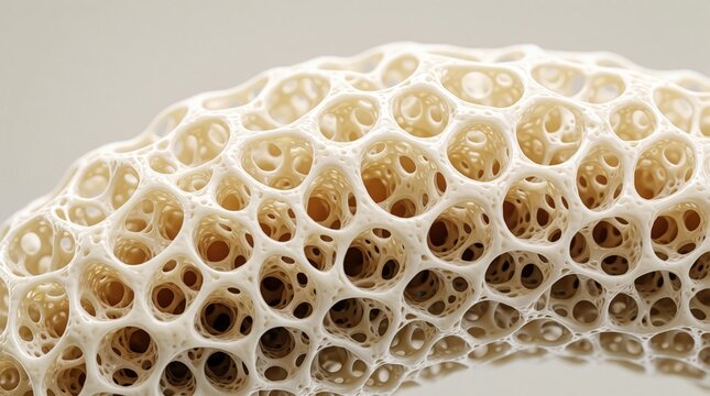 3D medical illustration shows microscopic anatomy of cortical bone structure. Detailed porous texture of human bone tissue displays osteon patterns, trabecular network. Scientific model for biology