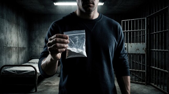 Criminal inmate holds small plastic bag with white powder in jail cell. Suspect illegal narcotics during imprisonment. Man in dark shirt shows drug contraband inside prison room near metal bed, cell