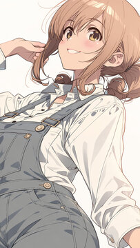 Smiling anime girl in overalls touching her hair in vertical portrait，オーバーオール姿で髪に触れる笑顔の女の子のアニメイラスト 縦長ポートレート