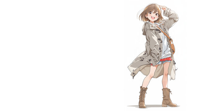 Smiling anime girl in beige coat and boots with copy space，ベージュのコートとブーツを着た笑顔の女の子のアニメイラスト 左側に余白