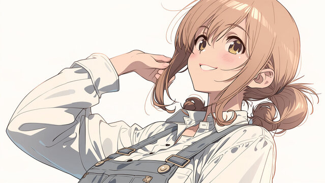 Smiling anime girl in overalls touching her hair in wide portrait，オーバーオール姿で髪に触れる笑顔の女の子のアニメイラスト 横長ポートレート