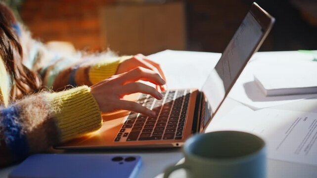 Close up female hands typing laptop keyboard. Woman working papers sunlit desk.