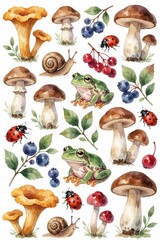 Obraz premium Watercolor set of forest elements. Colorful mushrooms, green frogs, snails, ladybugs live among berries, leaves. Botanical art collection with wild flora, fauna, summer garden plants for kids book,