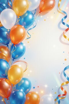 Vibrant glossy illustration of colorful balloons and flowing ribbons creating an asymmetrical frame.