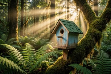 Obraz premium Small blue wooden birdhouse hangs on mossy tree branch in misty forest. Sun rays shine through green trees, ferns. Natural shelter for birds in wild woodland habitat during spring morning. Peaceful