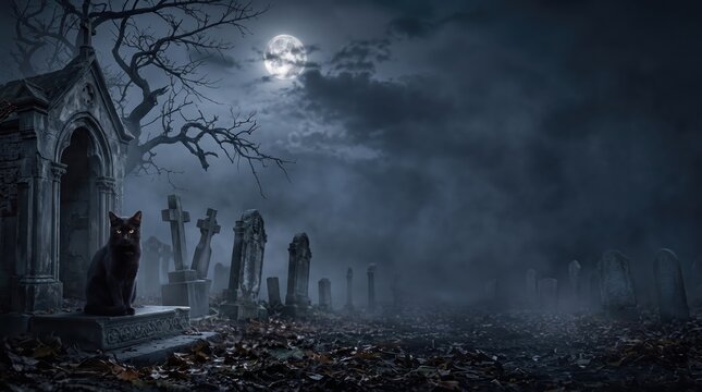 Mysterious Black Cat with Bright Eyes Crossing a Foggy Graveyard Beneath a Full Moon and Bare Trees