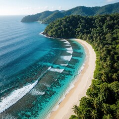 Obraz premium Aerial view of tropical beach with turquoise ocean water, white sand. Rich green jungle forest covers coastal hillsides. Small waves crash on shore along scenic coastline under blue sky. Beautiful