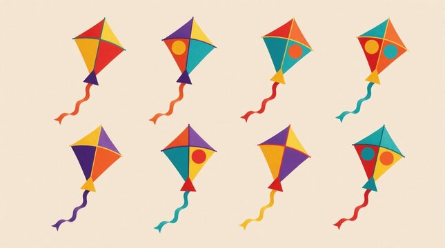Six colorful kites arranged in two rows on beige background. Bright geometric paper toy shapes fly in air. Minimalist kite set with long tails for kids play summer festival design. Simple flat art