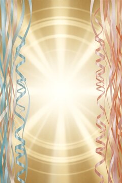 Vertical flowing ribbons in turquoise and peach frame a bright, glowing golden background.