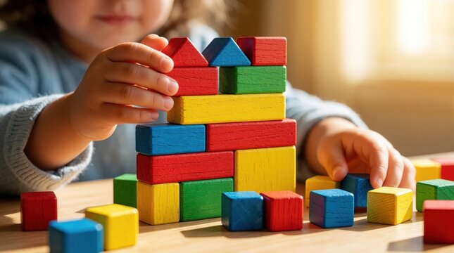 Small child hands play with bright wooden building blocks on table. Kid builds tower using colorful toy cubes. Concept of ADHD awareness, neurodiversity, focus, early childhood development through