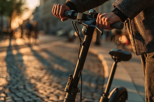 Person riding an electric scooter on cobblestone street at sunset