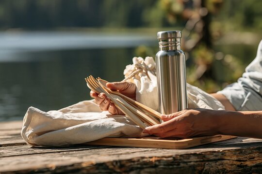 Person holding reusable bamboo cutlery near a stainless steel water bottle by a lake