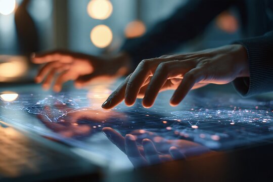 Fingers interacting with a futuristic digital map on a glowing touchscreen