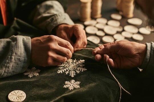 Hands stitching a snowflake ornament onto dark green fabric