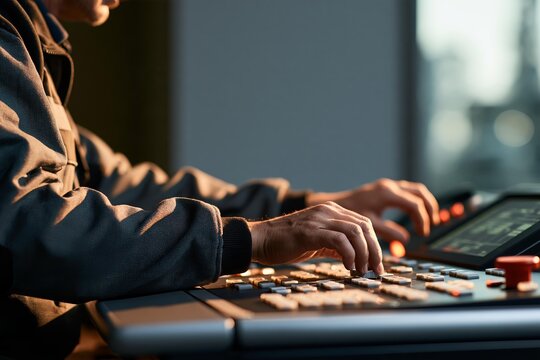 Person's hands operating a control board with illuminated buttons
