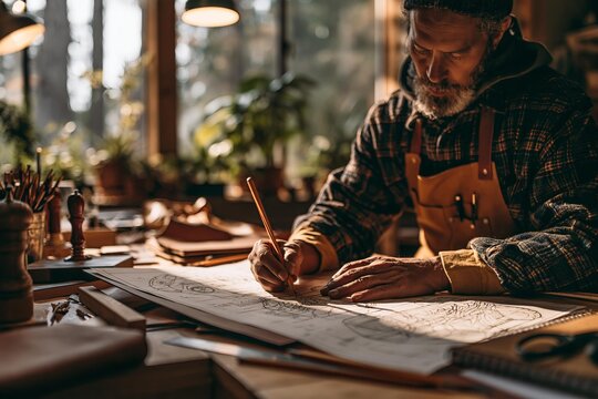 Craftsman drawing detailed plans in workshop