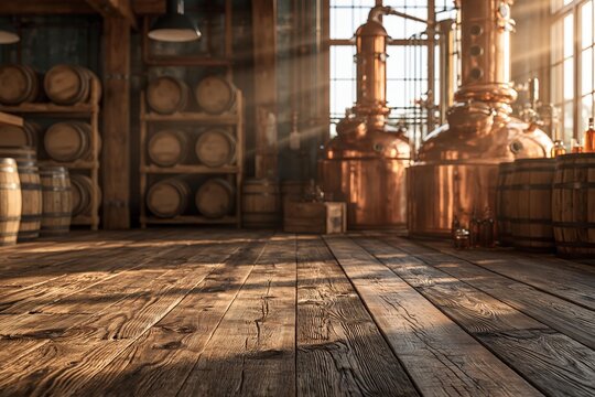 Rustic distillery interior with copper stills and wooden barrels