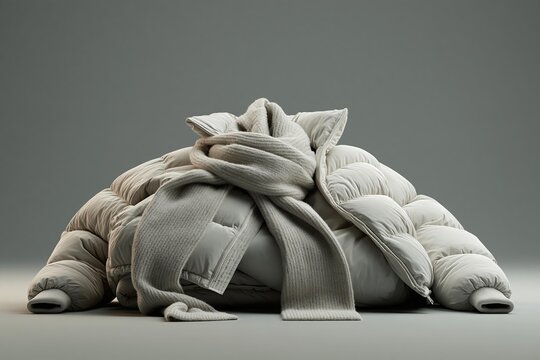 Minimalist beige puffer jacket with a textured scarf