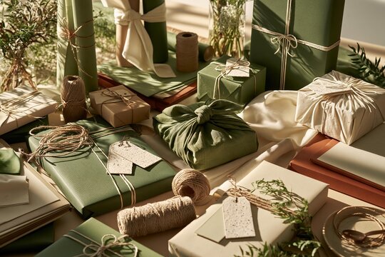 Handmade gifts wrapped in natural materials and twine