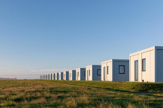 Row of modern modular buildings on a grassy field