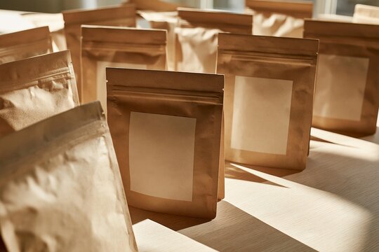 Collection of blank kraft paper pouches on a wooden table