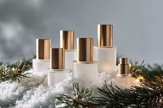 Frosted glass perfume bottles with gold caps in snow and pine branches