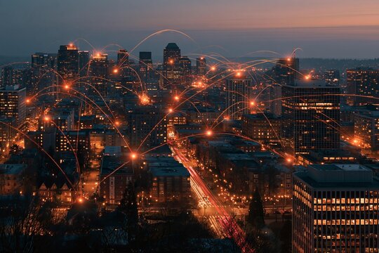 Cityscape at dusk with glowing network connections