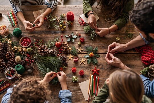 Family crafting holiday decorations with natural materials on wooden table