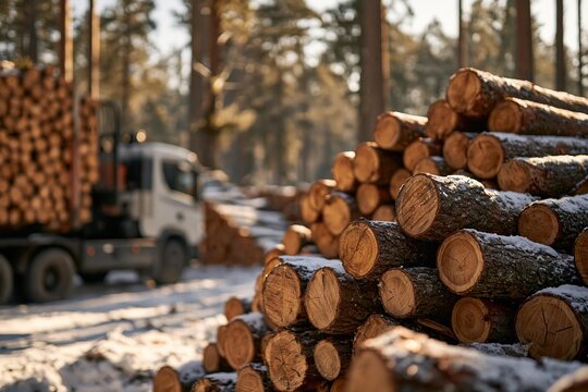 Logging operation in a snowy forest with felled trees and a truck