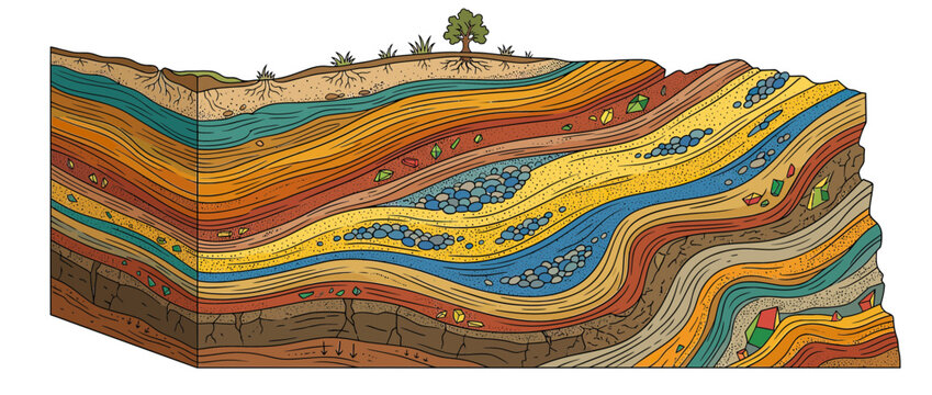 Cross-section of geological strata with tree on surface