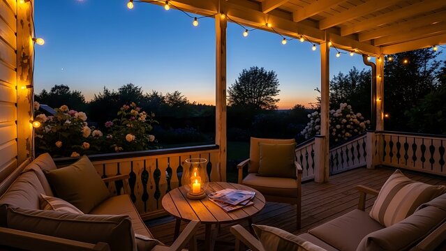 Cozy wooden patio terrace decorated with string lights outdoor furniture and flowers at twilight dusk