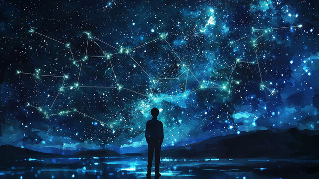 星空と星座を見上げる男性の後ろ姿
