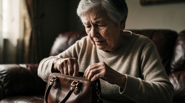 Elderly woman searches for lost items in brown leather purse. Senior lady feels confused, stressed looking inside handbag at home. Memory loss symptom shows person struggling with forgetfulness,