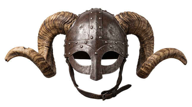 Viking Horned Helmet with Aged Steel and Natural Horns, Historical Norse Warrior Costume Isolated on Transparent Background
