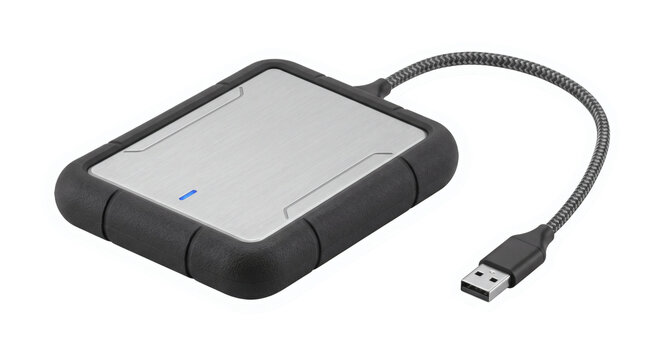 Portable external hard drive disk on transparent background. Sleek black digital backup storage device with USB cable. Reliable computing electronic hardware creates data backup graphic.