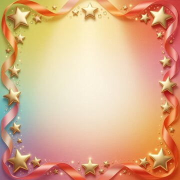 Wide composition framed by glossy orange-pink silk ribbons, gold stars, and sparkling crystals against a soft lemon-to-cream gradient background.