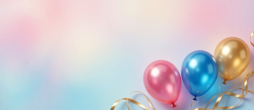 Three glossy balloons in pink, blue, and gold float on a pastel gradient background with flowing golden ribbons.