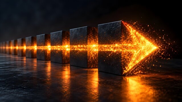 Glowing fiery arrow breaking through dark solid blocks representing powerful momentum and overcoming business obstacles