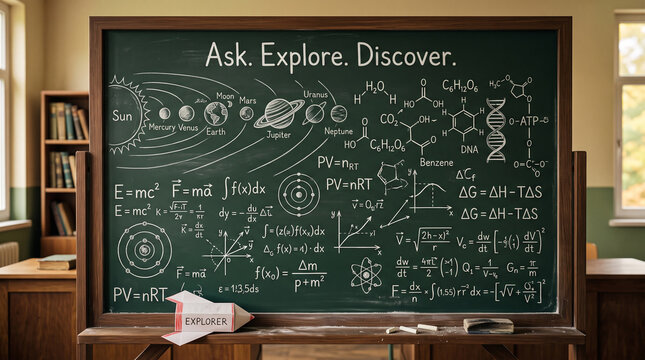 A green chalkboard filled with scientific diagrams and mathematical equations in a school classroom setting with complex mathematical formulas formulas written white